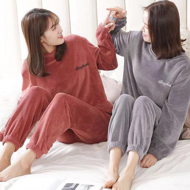 加厚款女秋冬季珊瑚绒保暖宽松休闲暖暖套装圆领睡衣女外猫咪长袖