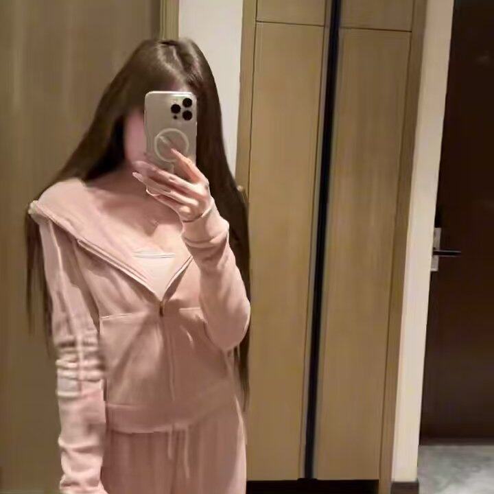 冬季时髦连帽卫衣开衫外套+蕾丝吊带背心上衣+休闲裤套装女