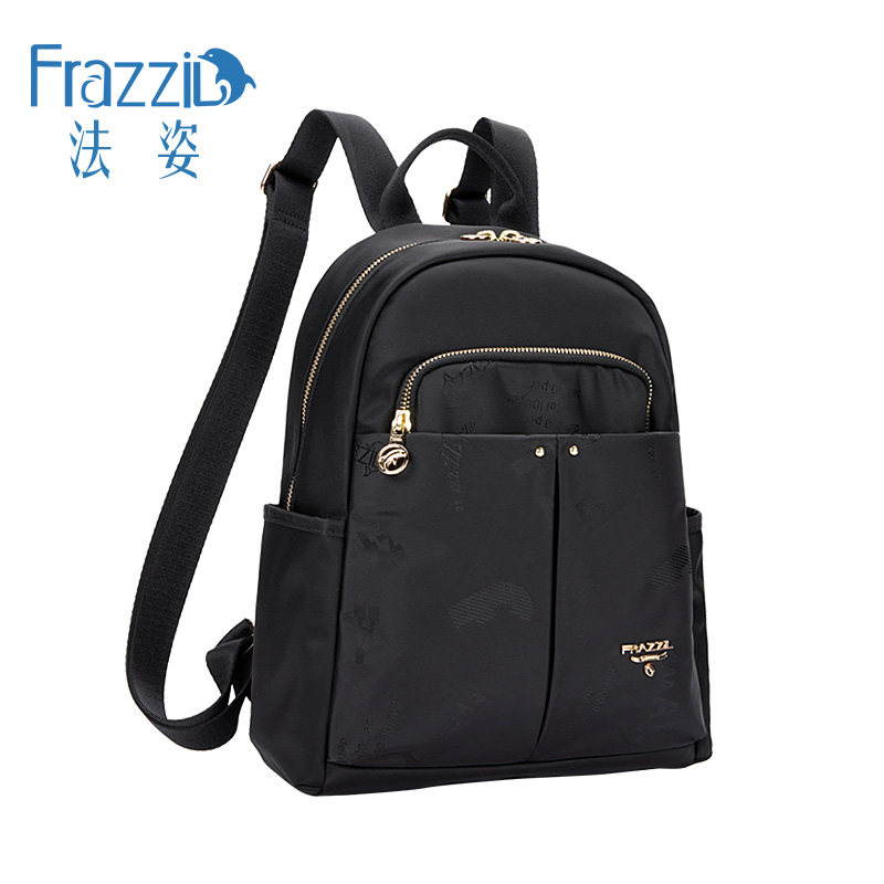 Frazzil/法姿2023双肩背包女新品日韩时尚小背包黑色尼龙休闲书包