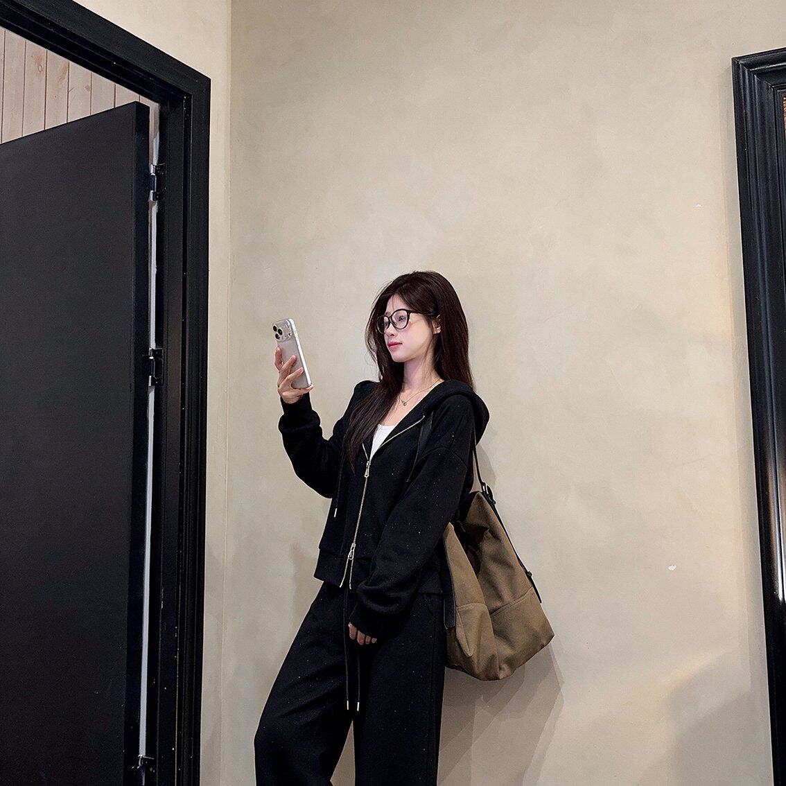 实拍大码女装韩版时尚显瘦连帽卫衣开衫外套直筒休闲阔腿裤套装