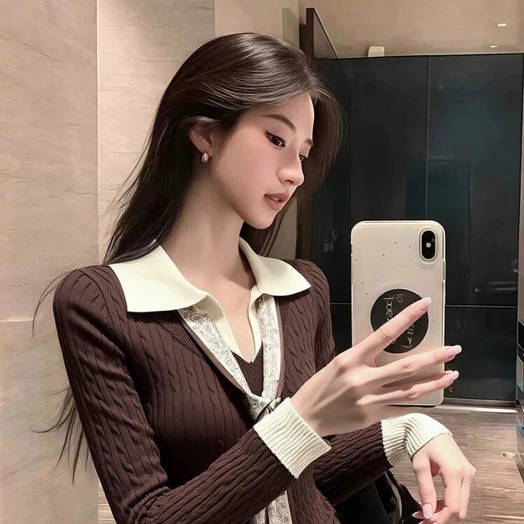 红色Polo翻领假两件针织衫女秋冬氛围感穿搭内搭超好看打底衫上衣