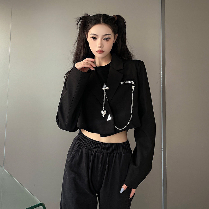 实拍实价 休闲短款西装外套女长袖新款高级感链条设计小西服上衣