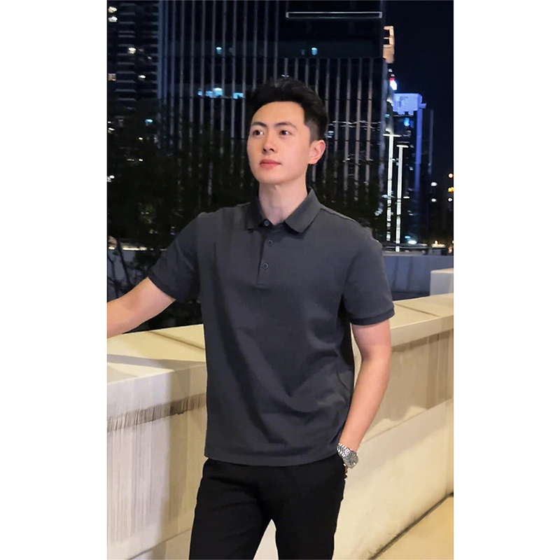 美式深灰色翻领短袖polo衫男