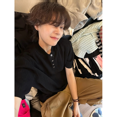 黑色麻花针织短袖polo衫男夏季
