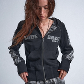 mosen noE 黑色虎纹拼接烫钻字母修身 双拉链连帽卫衣外套