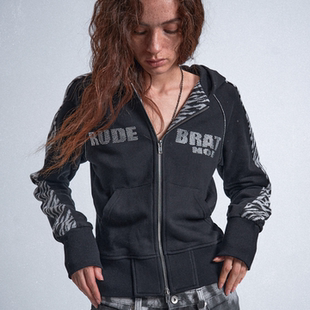 黑色虎纹拼接烫钻字母修身 noE mosen 双拉链连帽卫衣外套