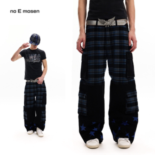 no E mosen（noE）黑蓝格纹拼接多口袋直筒阔腿街头做旧牛仔裤
