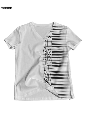 no E mosen（noE）'LovE Music'琴键花体烫钻印花小V领正肩短袖