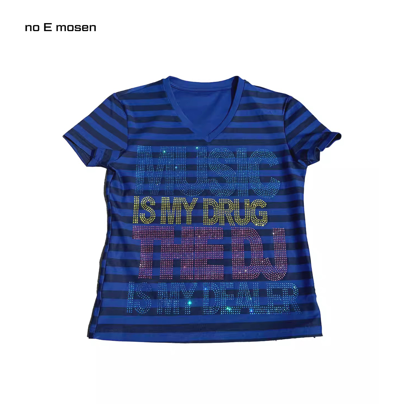 no E mosen（noE）'MUSIC DRUG'亮彩色烫钻标语黑蓝条纹修身短袖