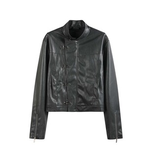 型皮衣夹克 深灰斜门襟两穿做旧五金飞机扣短宽版 noEmosen noE