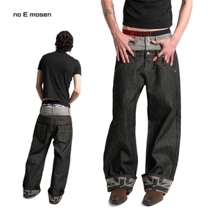 no E mosen（noE）双腰头翻边原牛挺阔预水洗baggy直筒牛仔裤