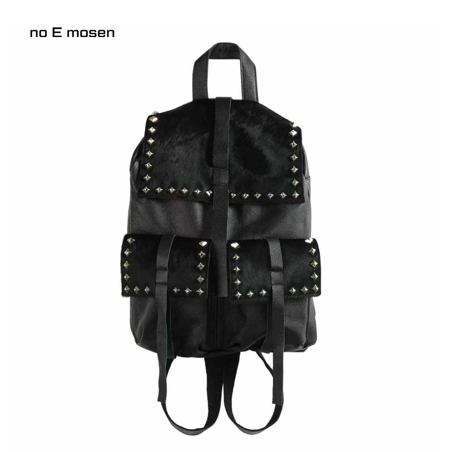 noEmosen(noE）马毛拼牛皮铆钉复古朋克街头通勤真皮双肩包