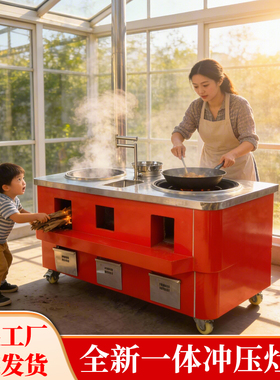旺柴新款双锅柴火灶304不锈钢户外无烟移动农村家用土灶大锅台