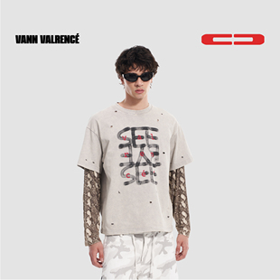 【刘耀文同款】VANN VALRENCE原创设计纯棉破洞假两件拼接长袖T恤