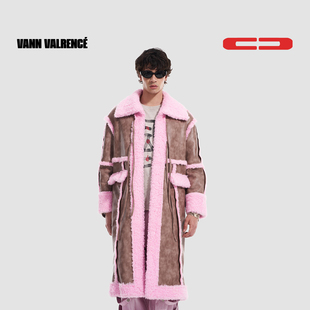 VANN VALRENCE原创设计拼色皮毛一体长款翻领风衣保暖大衣外套