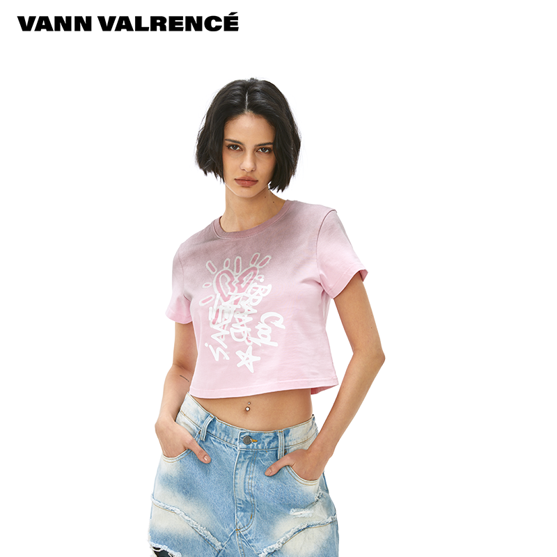 VANN VALRENCE2025夏季新女士短款做旧印花T恤粉色短款短袖t恤