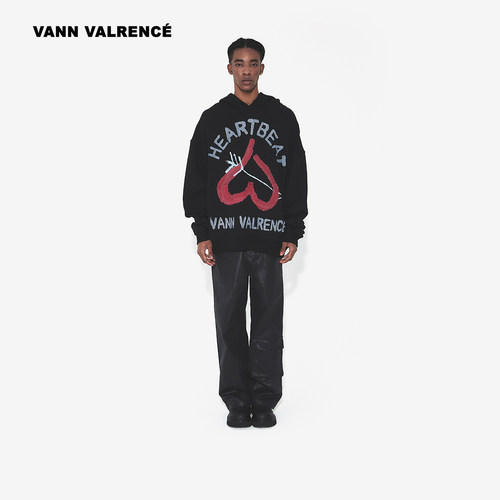 VANN VALRENCE美式复古潮牌黑色宽松情侣慵懒chic连帽卫衣外套