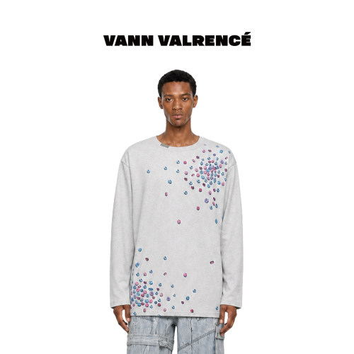 VANN VALRENCE散落彩宝印花长袖t恤浅花灰宽松落肩圆领内搭打底衫