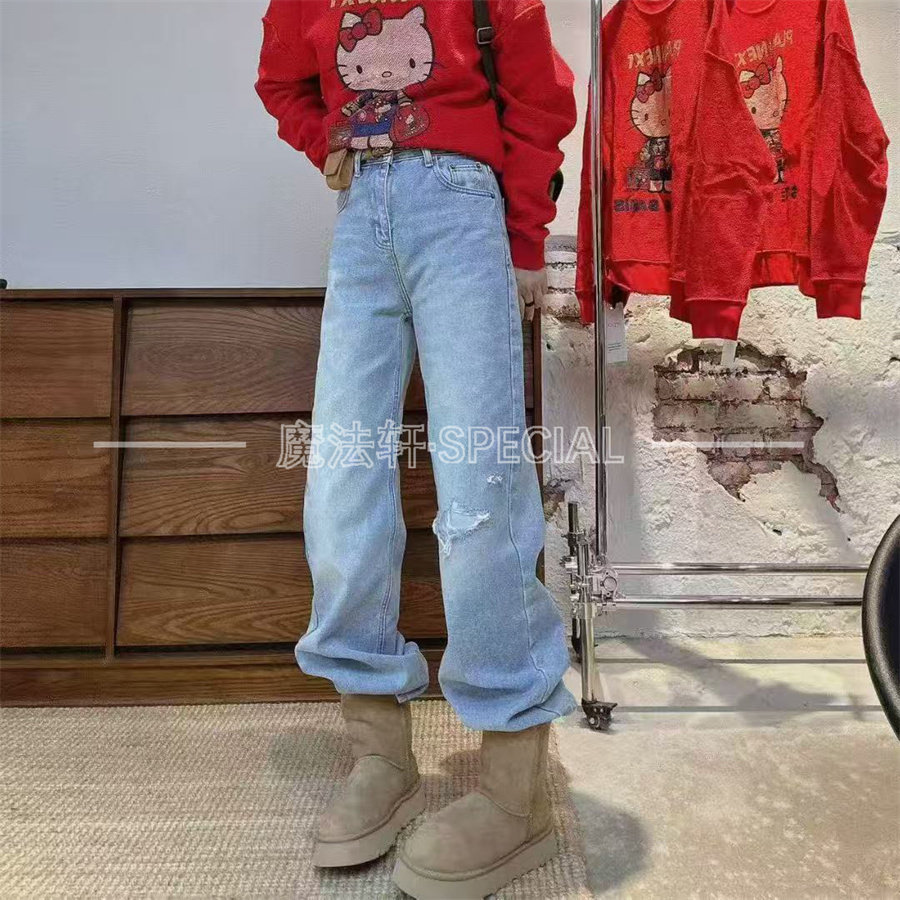 高腰牛仔裤女2025新款冬季抓破碎边阔腿裤显瘦长裤欧货洋气裤子Q,女装/女士精品,牛仔裤,淘宝优惠券,粉丝福利购,淘宝优惠卷
