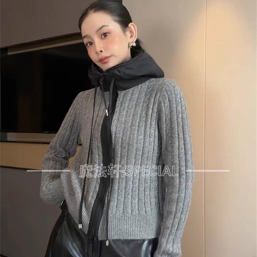 2025冬季拼接连帽拉链开衫毛衣