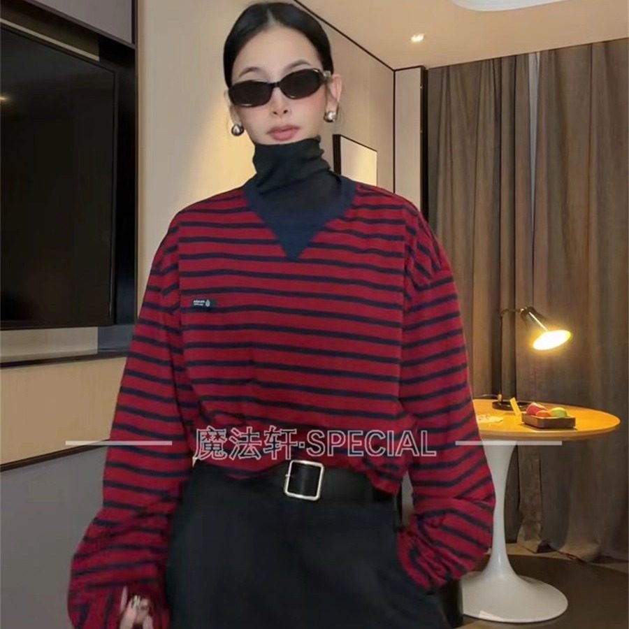 撞色条纹T恤女长袖2025冬季新款圆领套头宽松休闲上衣打底衫欧货q,女装/女士精品,T恤,淘宝优惠券,粉丝福利购,淘宝优惠卷