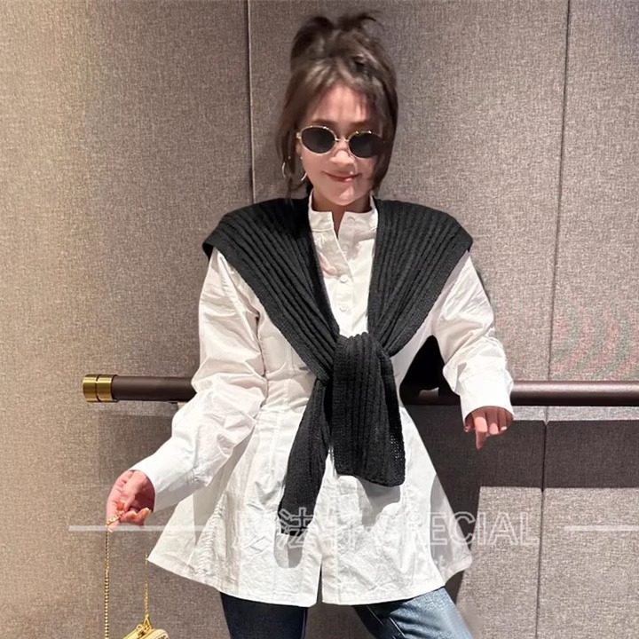 针织披肩收腰衬衫套装两件套女2025新款冬圆领衬衣显瘦上衣欧货Q,女装/女士精品,时尚套装,淘宝优惠券,粉丝福利购,淘宝优惠卷