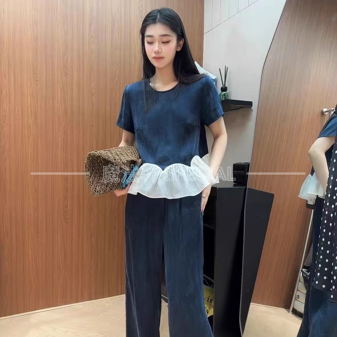 铜氨丝荷叶边套装两件套