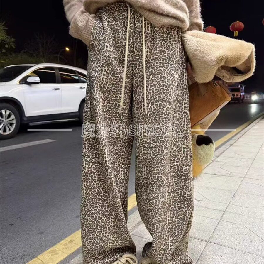 豹纹卫裤休闲裤女2025新款冬季高腰抽绳束脚长裤欧货时髦裤子潮Q