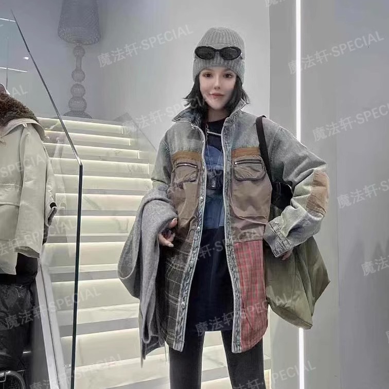 格子拼接牛仔衬衫外套