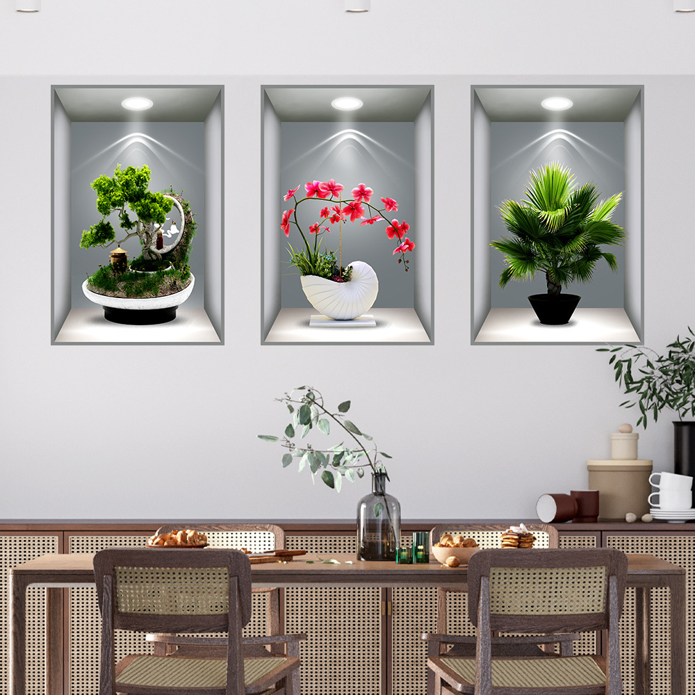 轻奢3D效果盆栽贴画过道楼梯自粘装饰画宾馆餐厅墙面植物花卉壁画图片