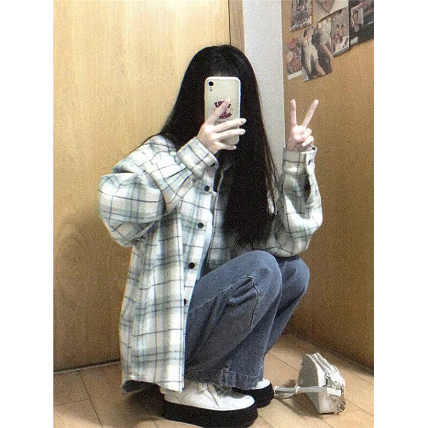 绿色磨毛格子衬衫女款春