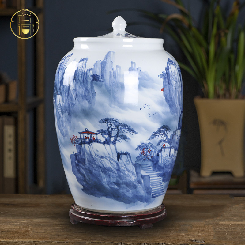 米缸陶瓷储物罐防潮防虫家用带盖子中式复古40/50斤100斤水缸景德