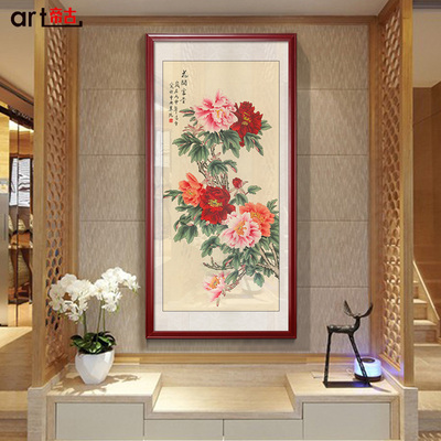 网红玄关装饰画走廊过道花开富贵牡丹餐厅画新中式挂画竖版客厅装
