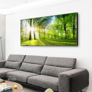 网红客厅横版绿色森林风景装饰画沙发后背景草地挂画卧室太阳树林