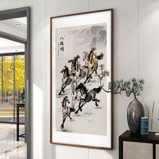 网红八骏图竖版马到成功国画入户玄关装饰画万马奔腾客厅壁画书房