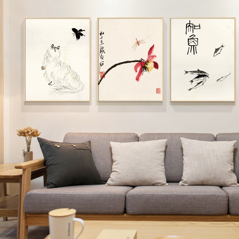 网红齐白石国画茶室挂画禅意客厅茶楼餐厅现代装饰画书房背景墙面
