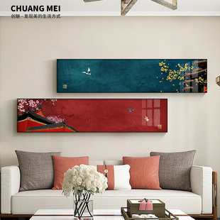 网红新中式卧室床头装饰画客厅沙发背景墙横幅画酒店日式古风故宫