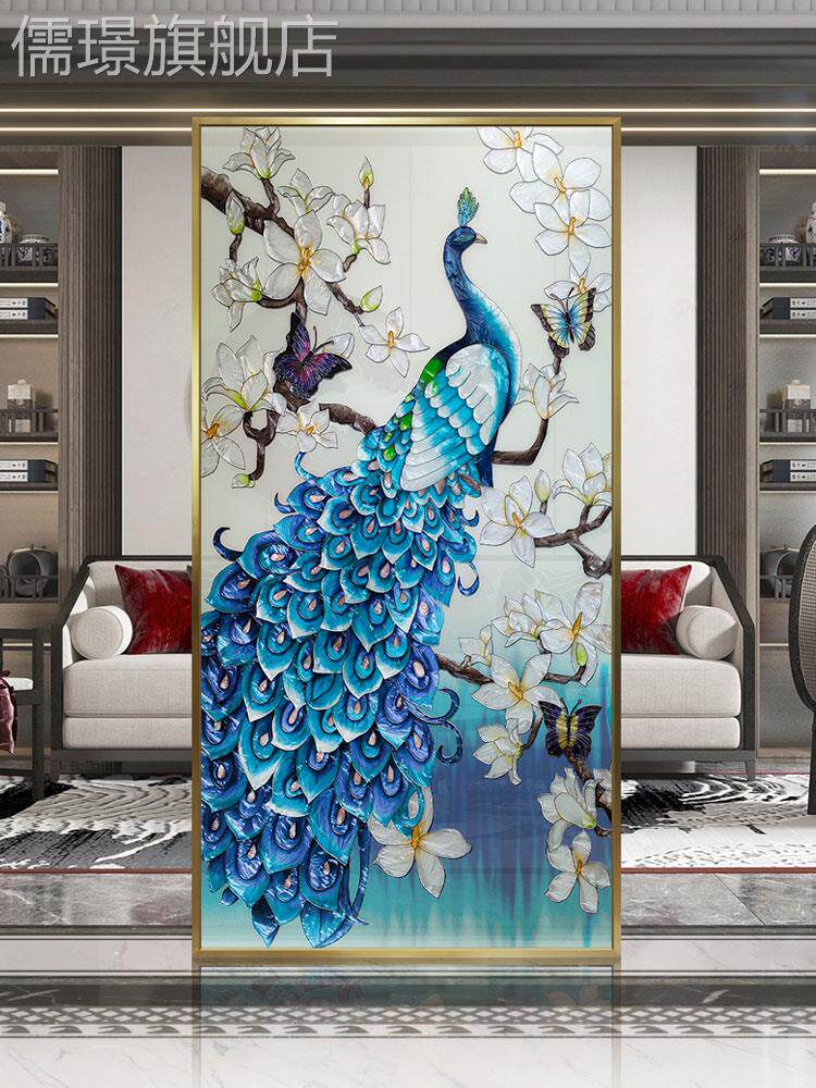 定做手绘珐琅彩装画入户玄关走廊壁画蓝高孔雀端挂画过道屏风饰艺