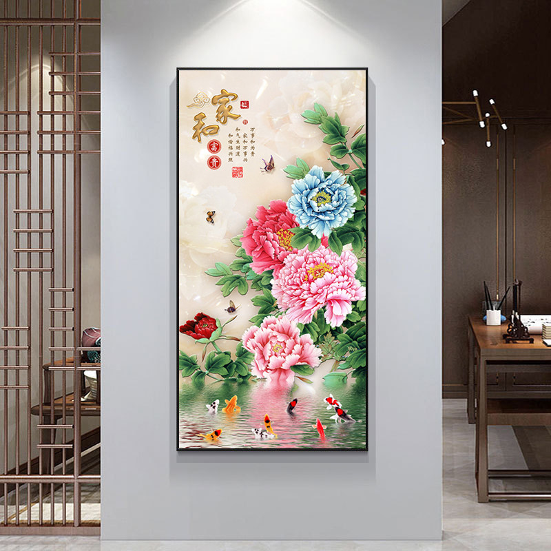 网红新中式客厅牡丹竖版茶室背景墙画花开富贵壁画玄关挂画走廊装
