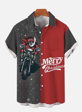 Christmas print short-sleeved shirt 圣诞老人印花短袖翻领衬衫