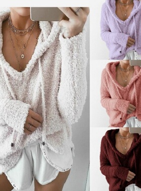 Plush Long Sleeve Drawstring Hoodie 纯色毛绒长袖抽绳连帽卫衣