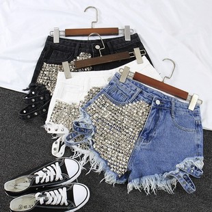 frayed rise wide leg Studded shorts铆钉高腰毛边阔腿短裤 high