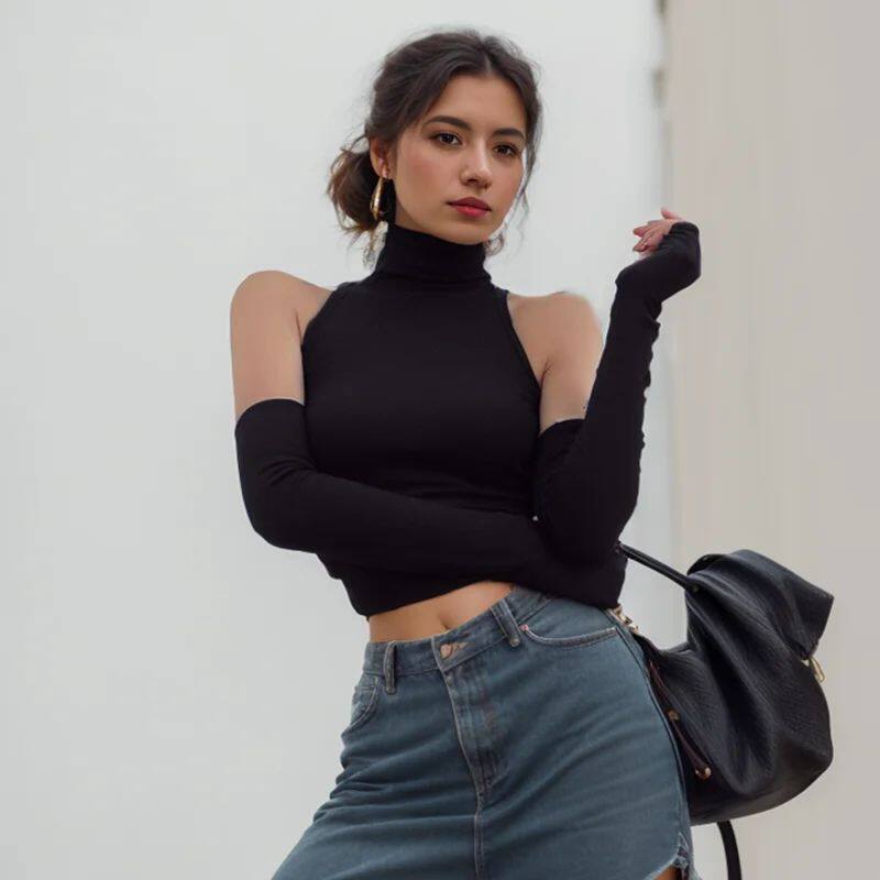 辣妹高领套袖背心修身露脐短款上衣High Neck Sleevelet Crop Top