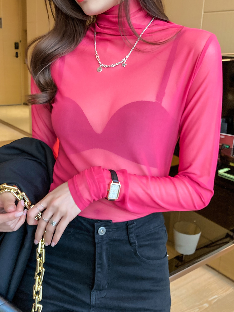 Candy mesh turtleneck undershirt糖果色网纱女士长袖高领打底衫