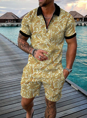 Fashion print lapels polo shirt shorts set翻领Polo衫短裤套装
