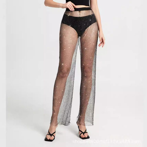 性感黑色渔网烫钻阔腿裤