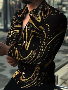 Gold stripe printed long sleeve shirt 金色条纹印花长袖衬衫男