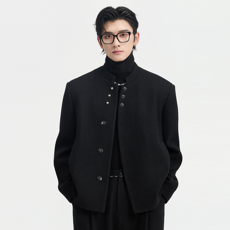 伯爵卓尔25初冬垫肩款小立领设计短款毛呢大衣男士单面呢夹克外套
