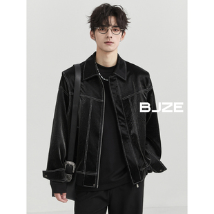 BJZE男装24秋季高级感定织亮面PU皮夹克外套韩版潮流机车休闲上衣
