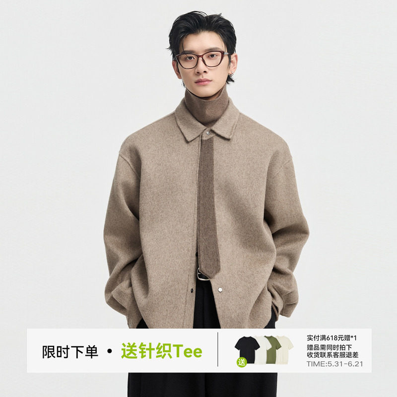 伯爵卓尔25初冬撞色领带设计全羊毛双面呢夹克男宽松短款毛呢大衣